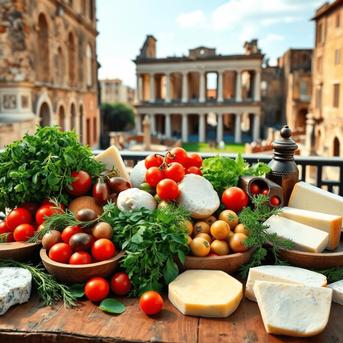 A colorful array of traditional Roman ingredients, including fresh herbs, olives, tomatoes, and cheeses, displayed on a rustic wooden table with an...