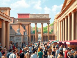 A lively Roman forum filled with people engaged in discussions and commerce, featuring classical architecture, statues, and market stalls in a vibr...