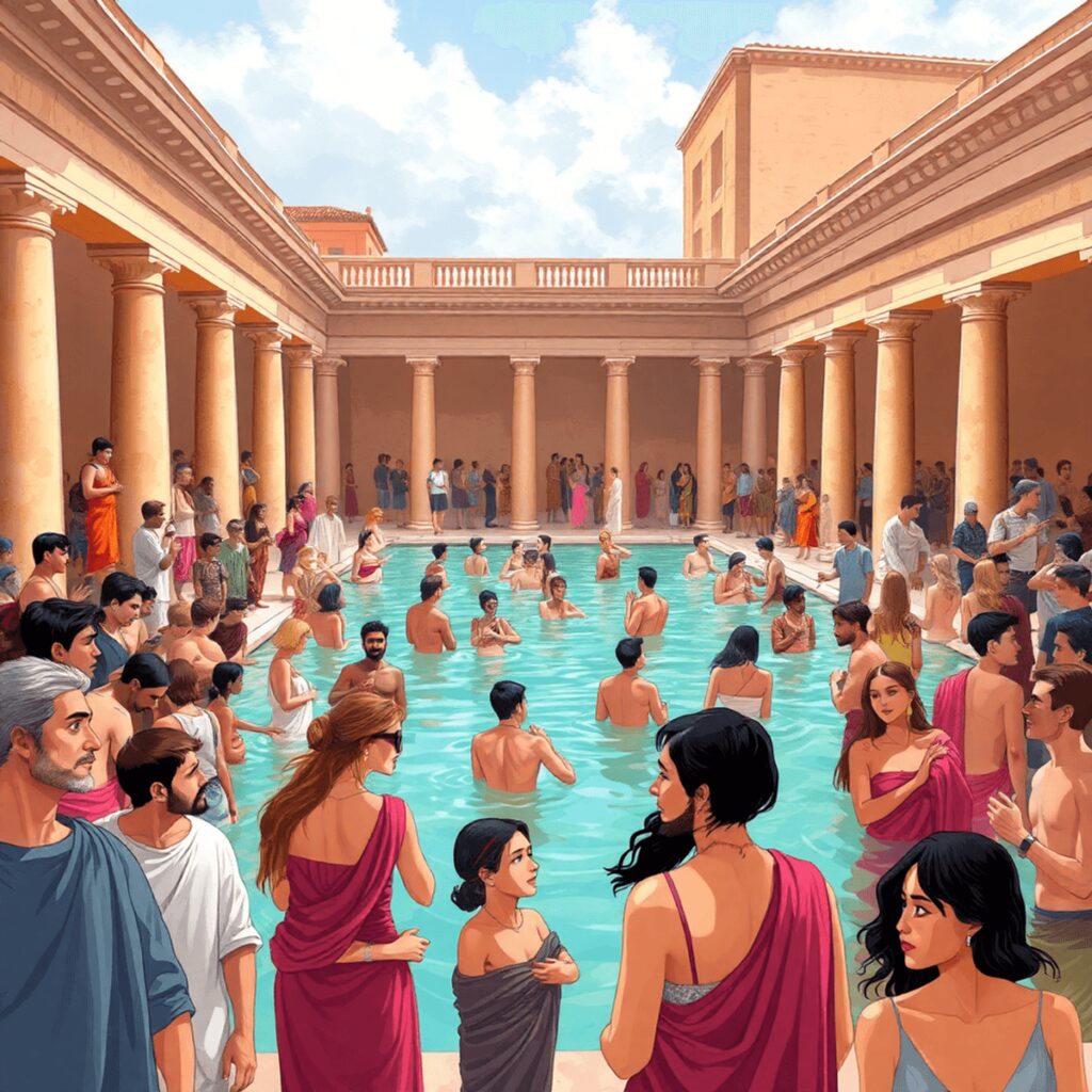 The Significance of Public Baths in Roman Social Life A vibrant illustration of a bustling Roman public bath filled with people engaging in conversation and leisure activities, surrounded by classical ...