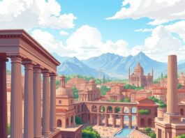 A vibrant illustration of an ancient Roman cityscape with impressive columns, aqueducts, and natural elements like mountains and a river, showcasin...