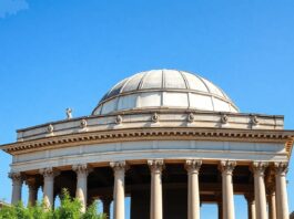 A grand Roman architectural structure with columns, arches, and a dome under a clear blue sky, surrounded by lush greenery, showcasing historical i...