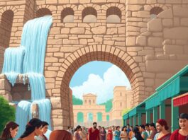 A vibrant illustration of an ancient Roman marketplace with a detailed aqueduct, showcasing people practicing hygiene and engaging in daily activit...