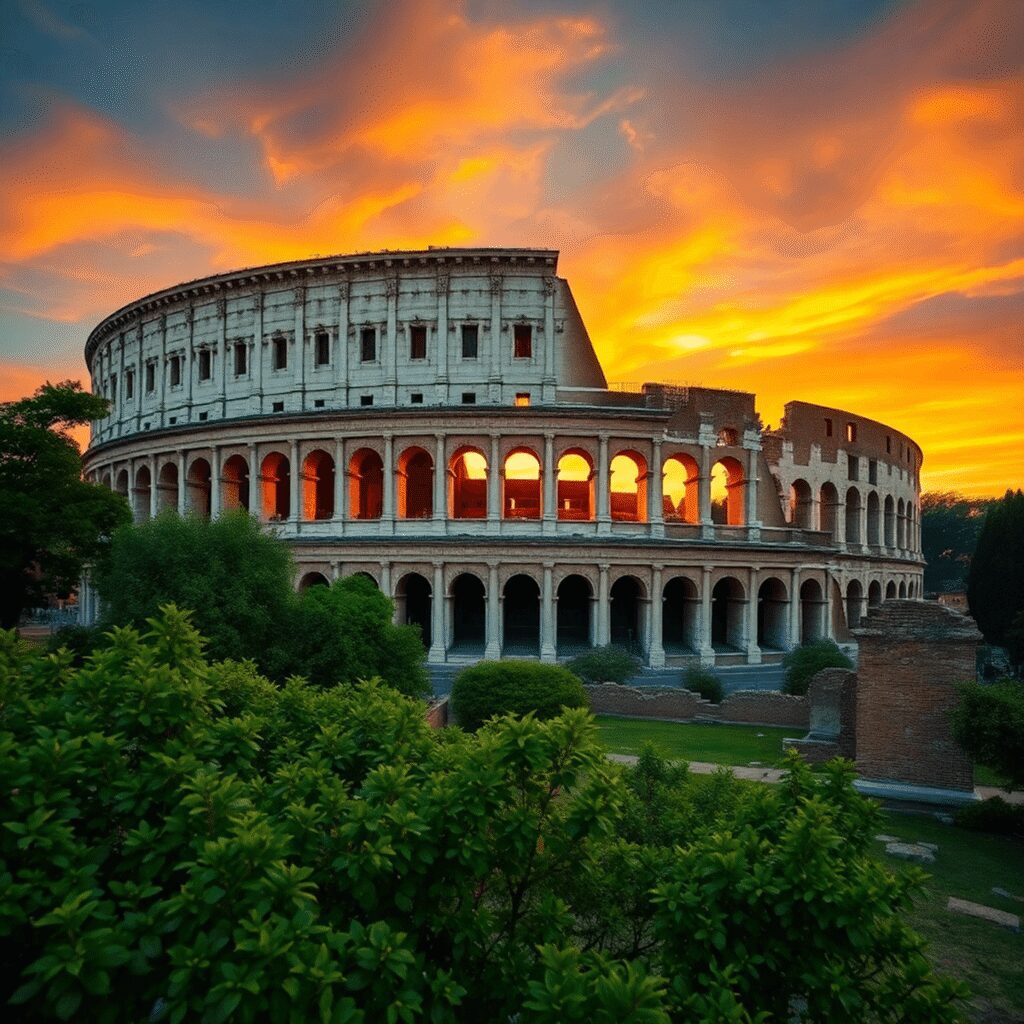 The Colosseum in Rome at sunset, surrounded by lush greenery and ancient ruins, with a vibrant sky showcasing its grand architecture and historical...