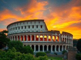 The Colosseum in Rome at sunset, surrounded by lush greenery and ancient ruins, with a vibrant sky showcasing its grand architecture and historical...
