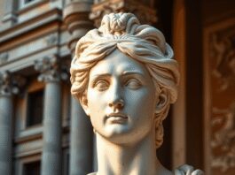 A classic Roman sculpture with intricate details and realistic features, set against ancient architecture, highlighting marble textures and soft li...