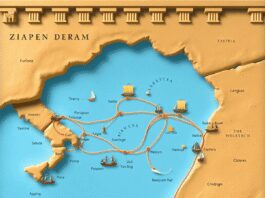 A detailed historical map of ancient Roman maritime trade routes, featuring symbols of ships and goods, set against a backdrop of Roman architectur...