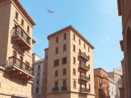 Detailed illustration of multi-story ancient Roman insulae with balconies and narrow alleys on a busy street under a bright sky, depicting urban life.