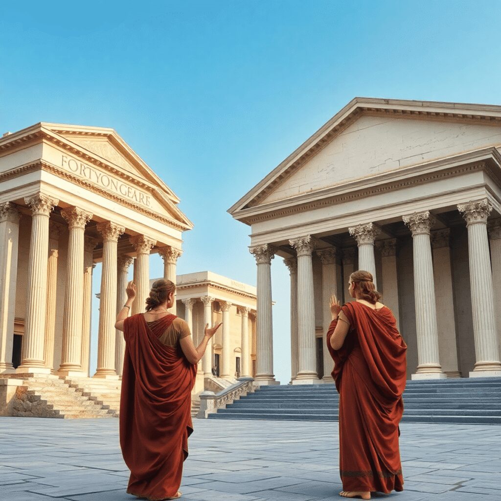 Women Architects and Builders in Ancient Rome: Myths vs. Reality Elegant ancient Roman architecture with grand columns and classical buildings, featuring female figures in Roman attire observing and gesturing.