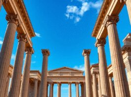 Majestic ancient Roman colonnades with stone pillars and classical Greek design under a clear blue sky, showcasing symmetrical architecture.