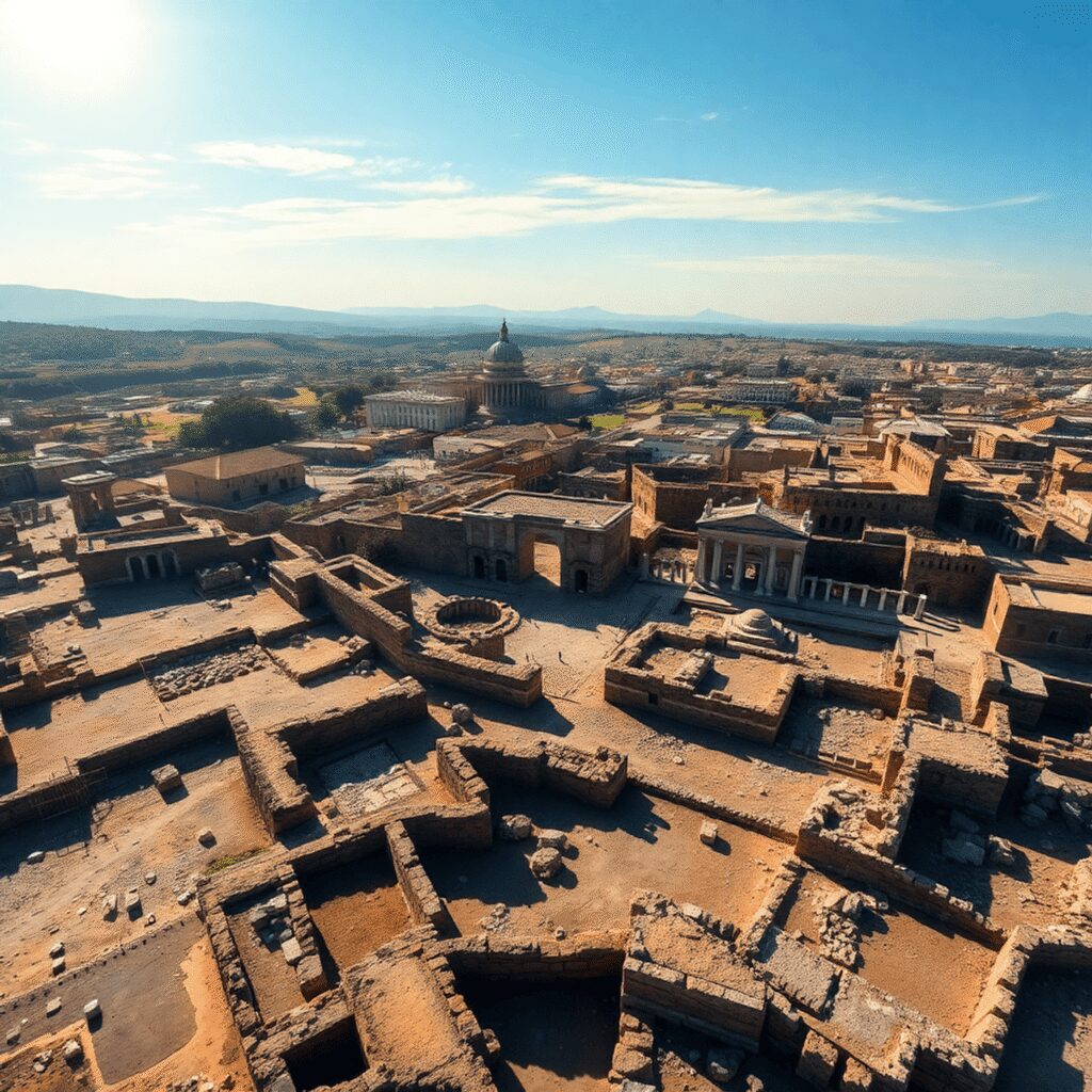 Aerial view of ancient Pompeii ruins with volcanic ash-covered streets, Roman buildings, and excavation sites under a bright sky.