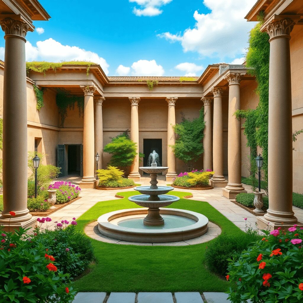 Roman Gardens and Landscaping Techniques Rediscovered for Modern Spaces Ancient Roman garden courtyard with stone columns, lush greenery, colorful flowers, and a central water fountain under a bright sky.