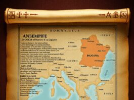 Ancient Roman scroll with Latin and Greek text, surrounded by Gaulish and Punic symbols, over a detailed Roman Empire map highlighting diverse regi...