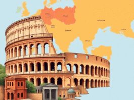 Illustration of Roman architecture with the Colosseum, arches, temples, and a backdrop map of Europe, Africa, and Asia Minor showing Roman Empire e...