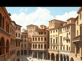 Illustration of a busy Ancient Roman city block with multi-story insula buildings, shops, arches, columns, under a bright Mediterranean sky.