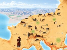 Map of the Roman Empire's frontier provinces with Roman soldiers and local tribes in a cultural exchange amid deserts and hills.