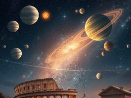 Night sky with stars and planets over the Colosseum and Roman temples, symbolizing astrology guiding ancient Roman decisions.