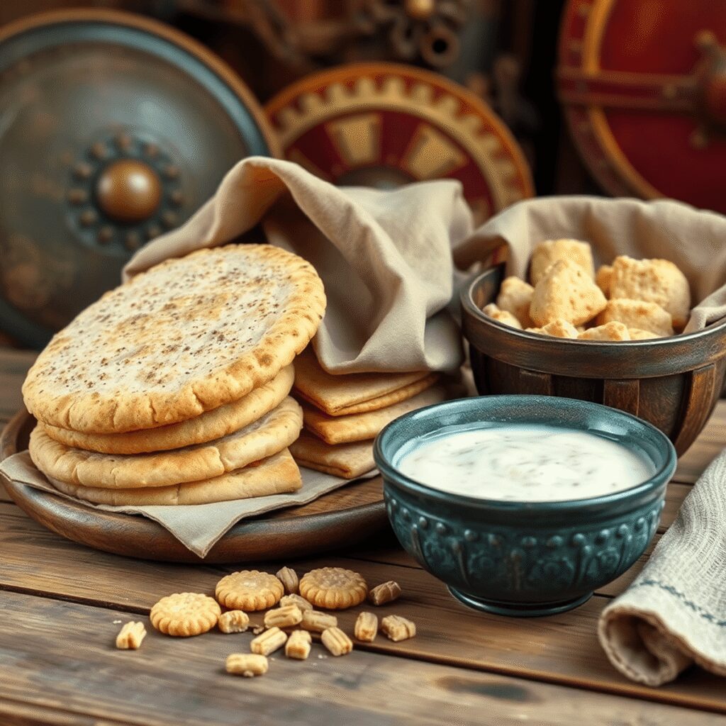 The Roman Legionary Diet: What Fueled an Ancient Superpower’s Soldiers? Rustic display of ancient Roman military rations with flatbreads, hard biscuits, and porridge on a wooden table, Roman legionary gear in the backgr...