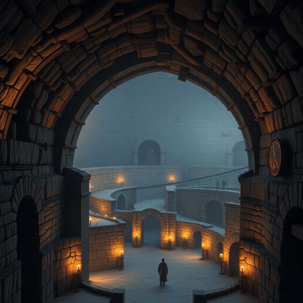 Underground Roman tunnels with stone walls and archways, softly lit by torches beneath a grand arena.