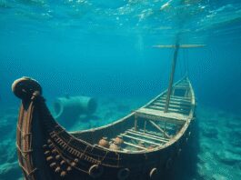 Underwater view of an ancient Roman shipwreck with amphorae and wooden fragments in clear blue Mediterranean waters.