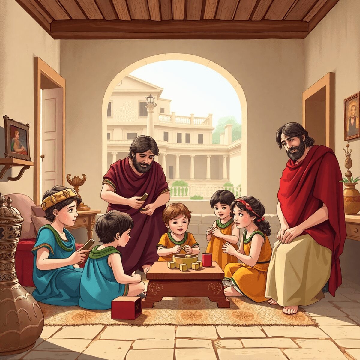 A Roman family in a traditional home with children playing and adults teaching, surrounded by classical architecture and artifacts.