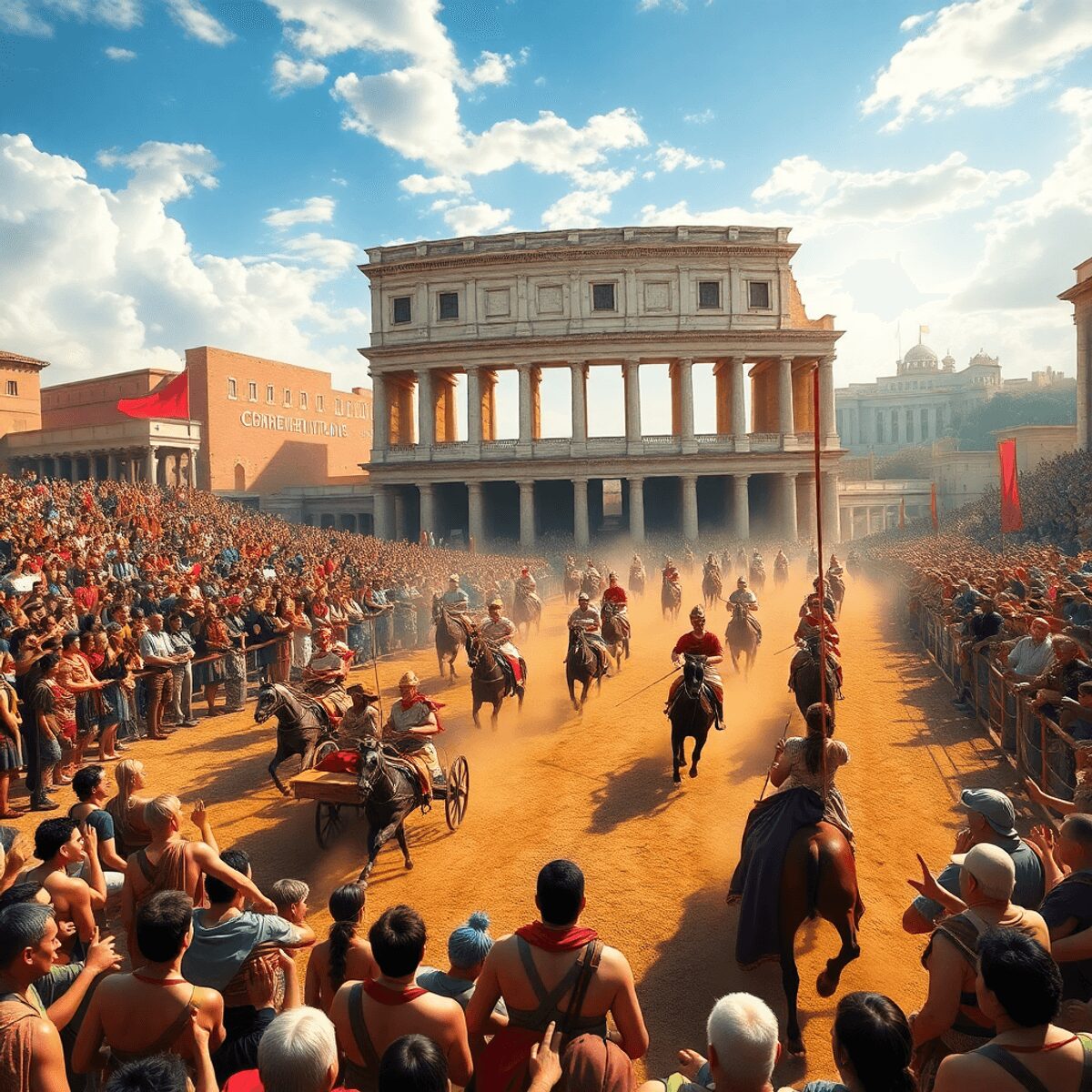 Ancient Roman chariot race at Circus Maximus with colorful teams, cheering crowds, and grand architecture under a bright sky in realistic style.