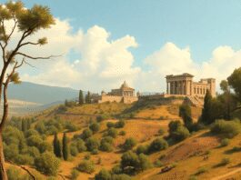 Ancient Roman landscape with cleared forests, workers mining, and Roman buildings in the background under a clear sky.