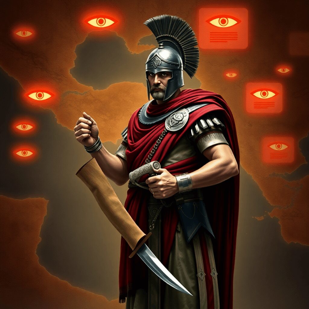 Rome’s Imperial Spies: Espionage, Surveillance, and Secret Police Tactics Ancient Roman soldier in armor holding a scroll and dagger, standing before a Roman Empire map with glowing espionage symbols.