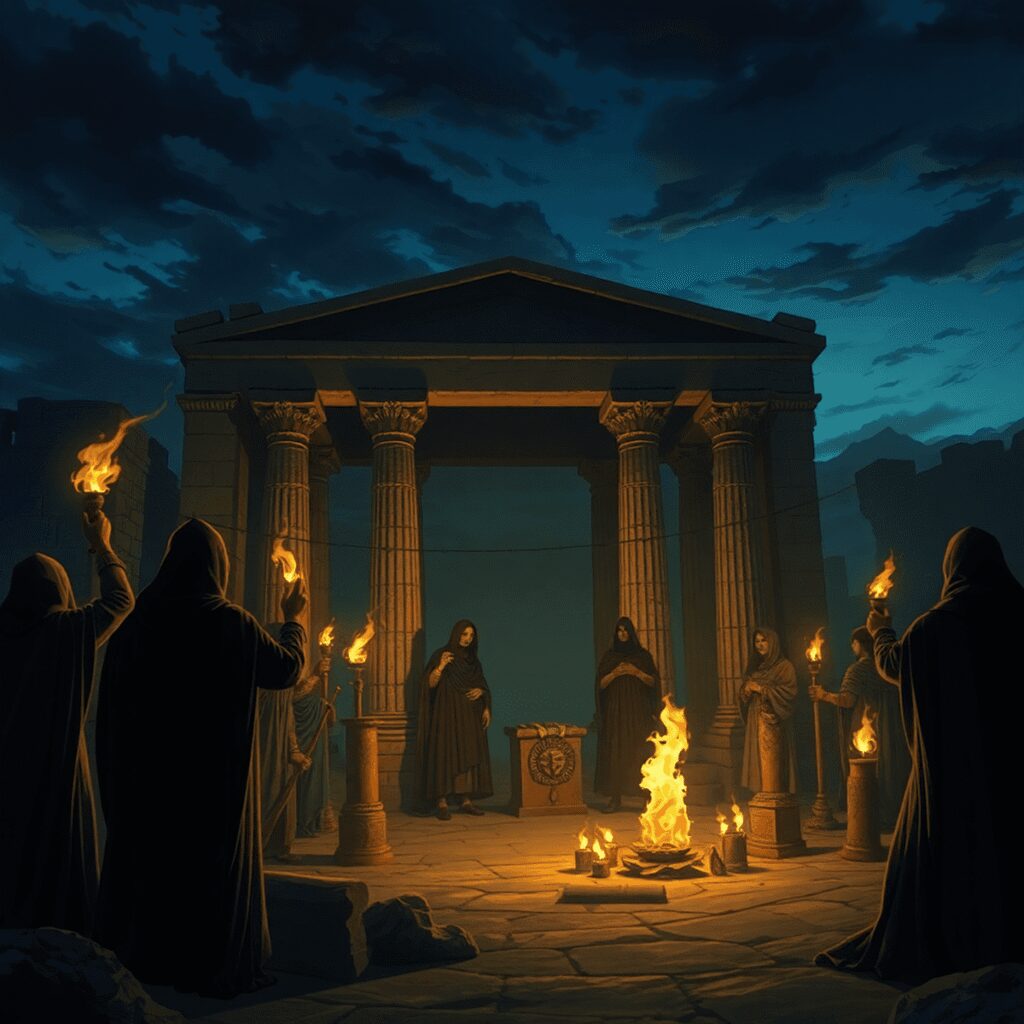 Secret Societies and Mystery Cults in Ancient Rome Ancient Roman temple at dusk lit by torches, shadowy cloaked figures performing secret rites with masks and scrolls around them.