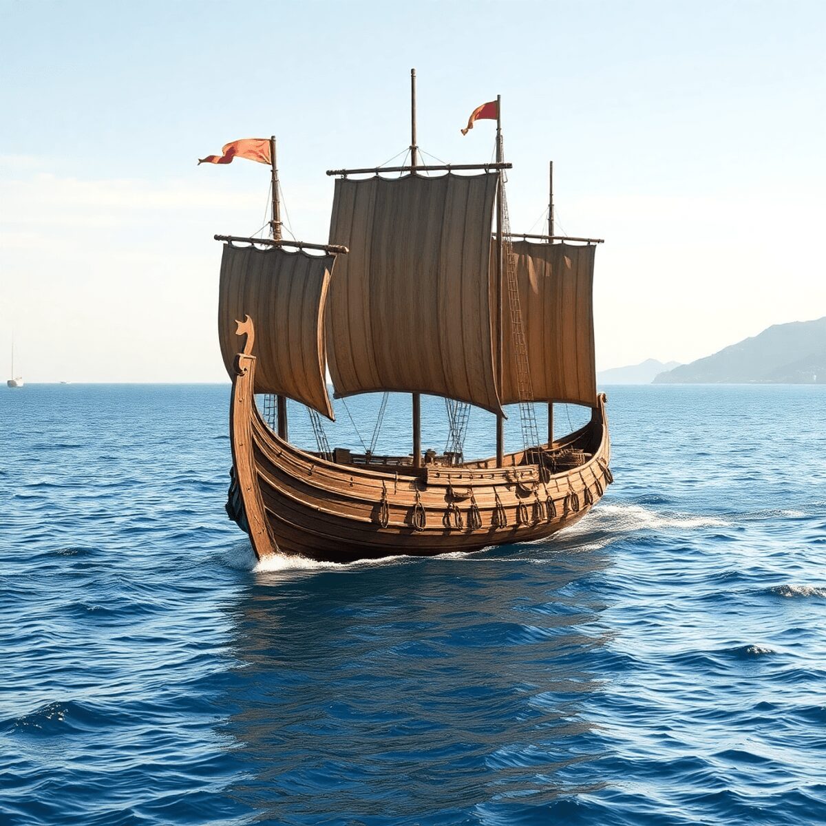 Roman Seafaring: The Technology Behind Ancient Maritime Power Ancient Roman wooden warship sailing on calm sea with detailed construction, clear sky, and distant coastline in a realistic style.