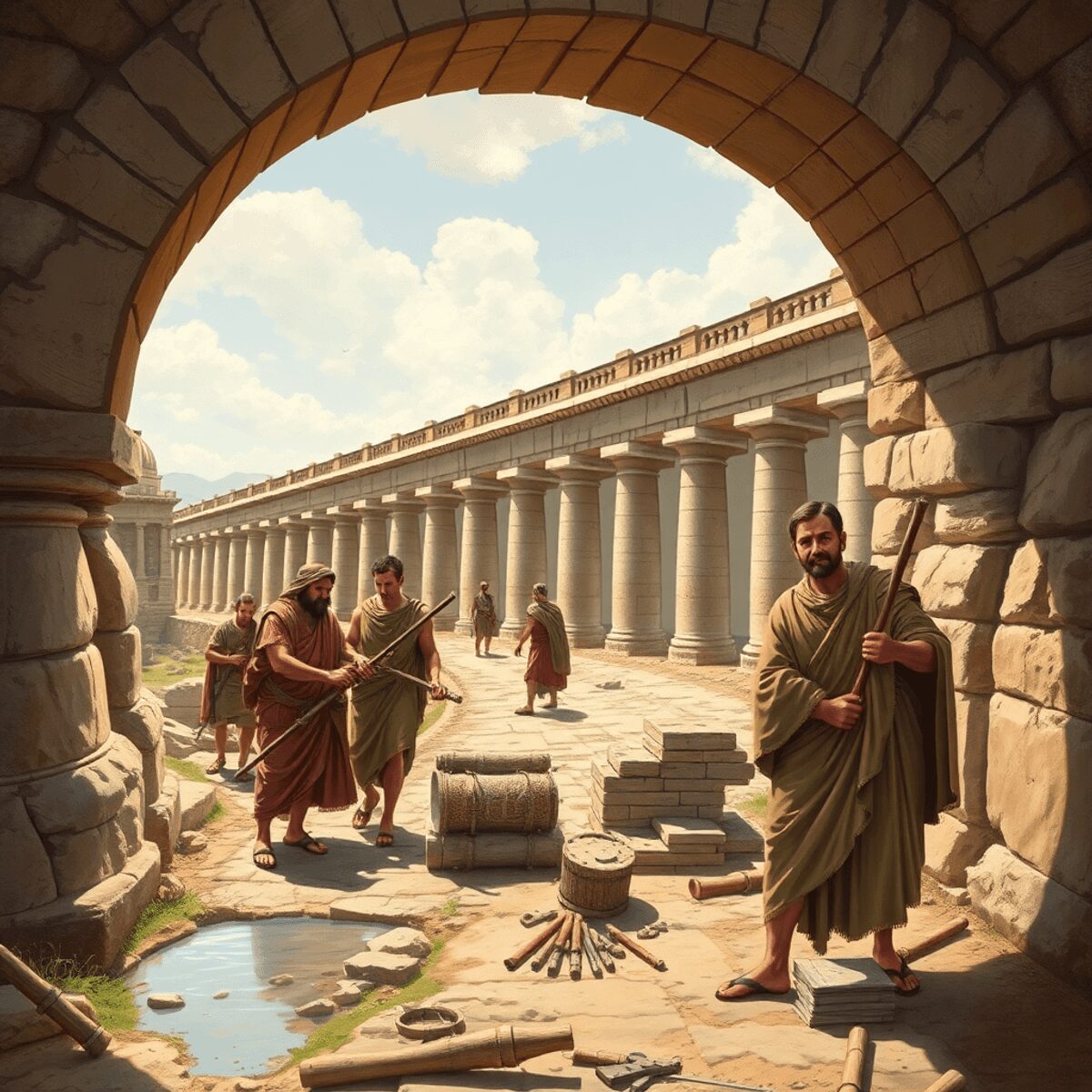 Artistic illustration of ancient Roman engineers and craftsmen building aqueducts and roads, featuring detailed architecture and tools in a realist...