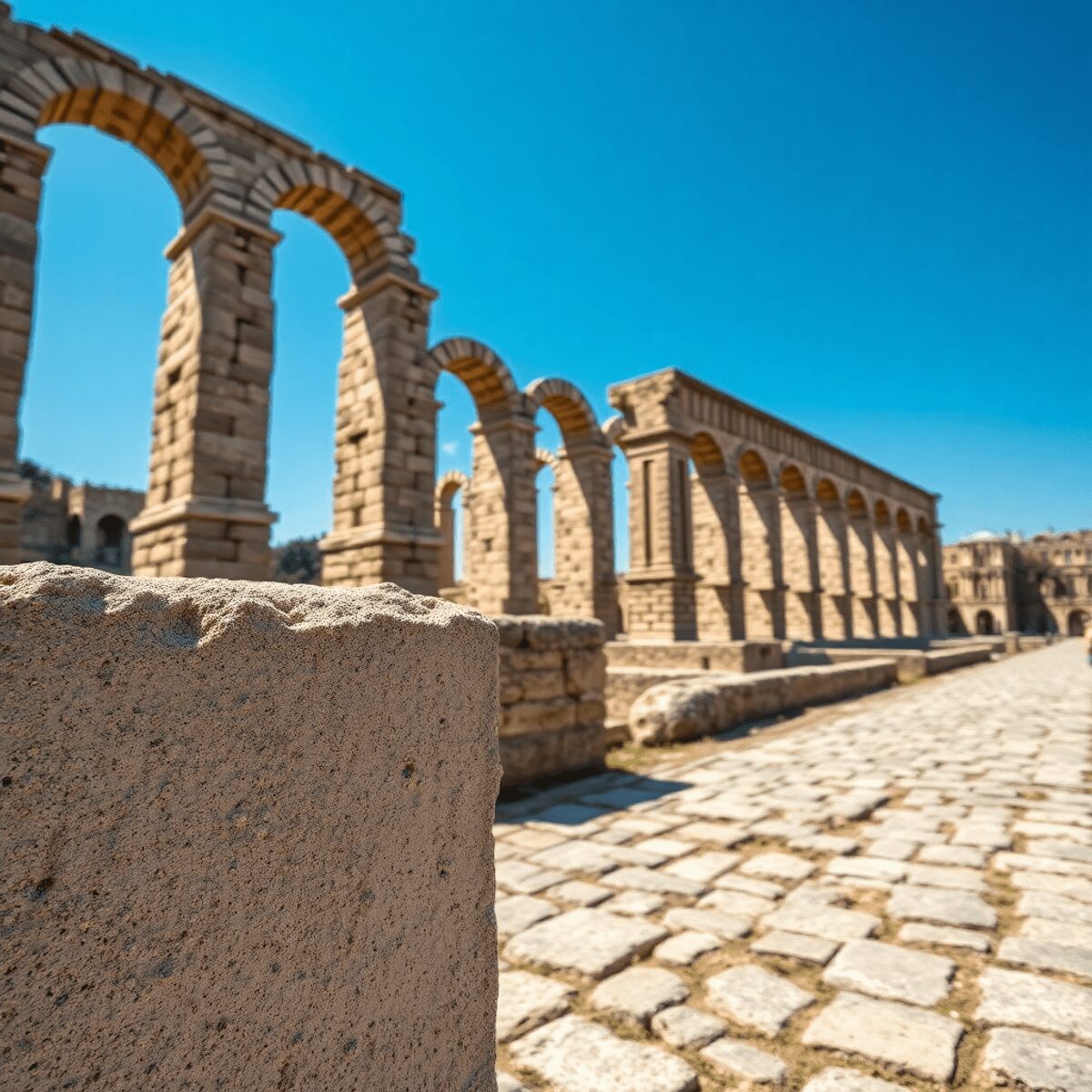 The Unsung Heroes: Roman Engineers Who Changed the World Close-up of ancient Roman concrete with volcanic ash, featuring aqueducts and stone roads under a bright blue sky.