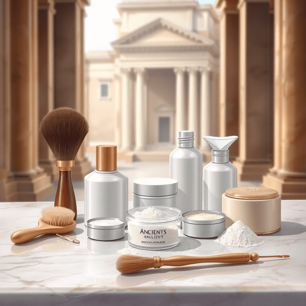 Fashion Statements: Cosmetics, Hairstyles, and Personal Care in Ancient Rome Detailed illustration of Ancient Roman cosmetics and grooming tools on marble, with blurred classical Roman architecture in the background.