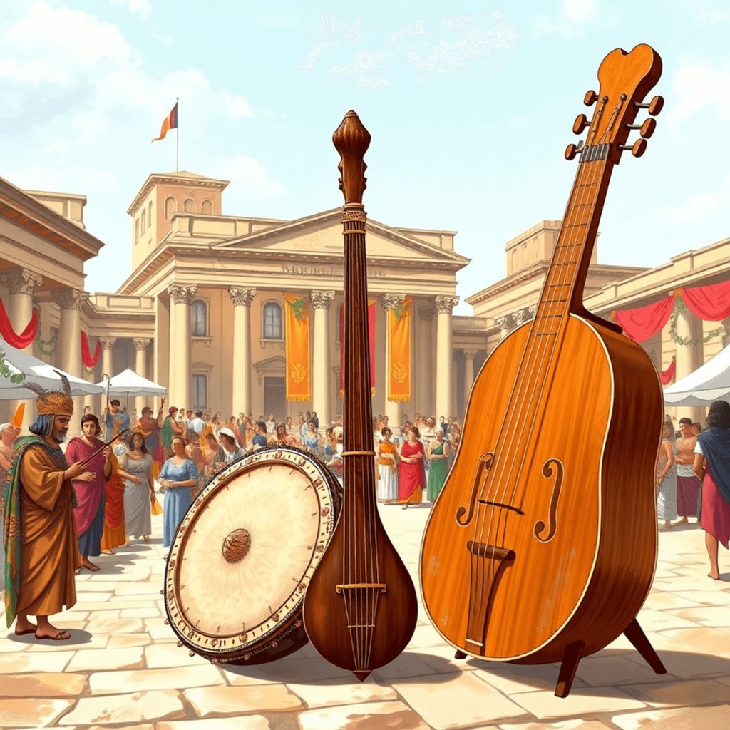 The Role of Music in Roman Society—Instruments, Performances, Festivals Illustration of ancient Roman musical instruments like tibia and aulos at a lively festival with classical buildings and festive decorations.