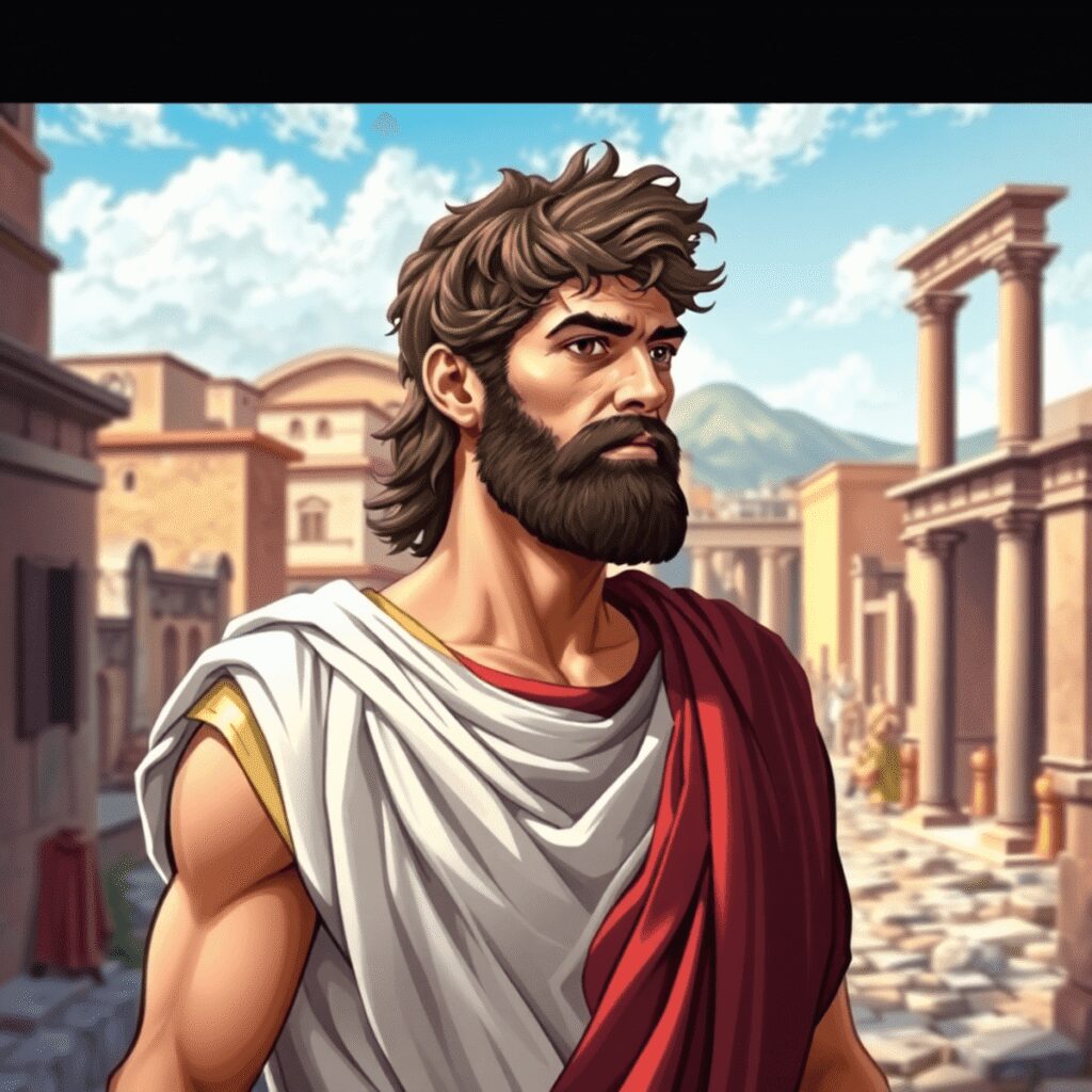 Fashionable Men of Pompeii: Style, Status, and Self-Expression Among Roman Males A realistic illustration of a Roman man in a toga standing in a vibrant Pompeii cityscape with classical Roman architecture in the background.