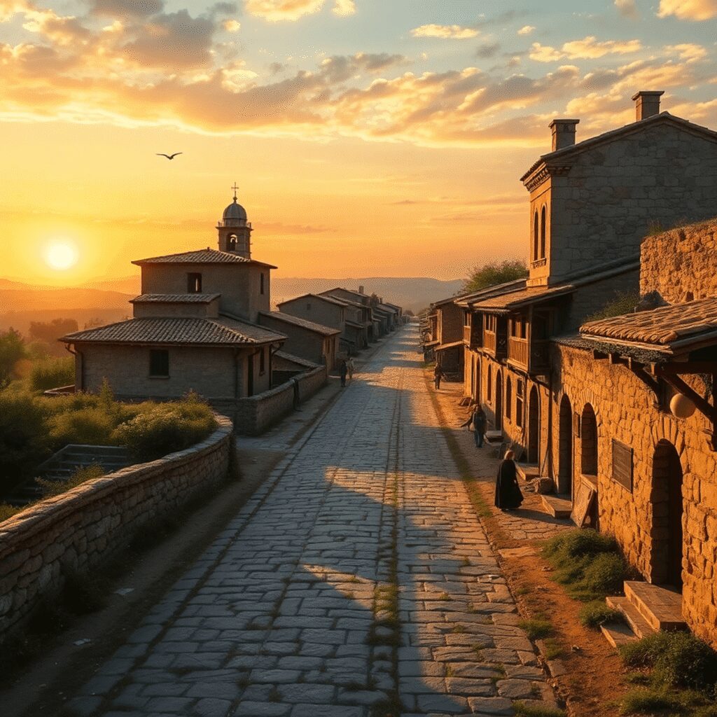 Traveling as a Tourist in the Roman Empire: Inns, Dangers, and Adventure Routes A scenic ancient Roman road lined with rustic inns and travelers resting under a warm sunset sky, featuring Roman architecture in a realistic style.