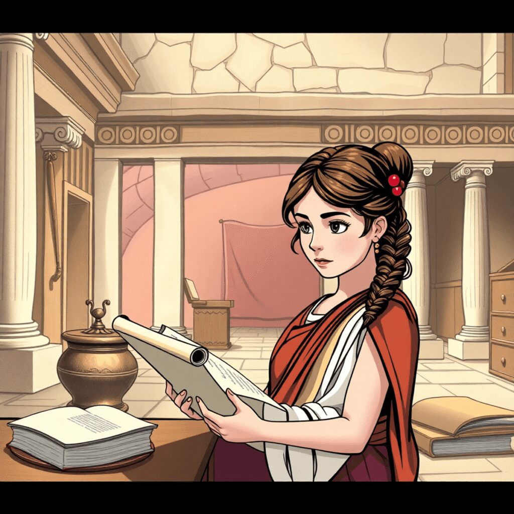 Education for Girls in Ancient Rome: Myths vs. Reality A young girl reading a scroll in an ancient Roman classroom with classical architecture and educational tools around her.