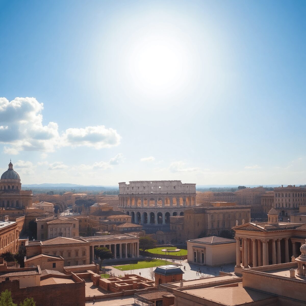 Ancient Roman cityscape with the Colosseum and forums under a bright sky, showcasing grand architecture and vibrant civic life.