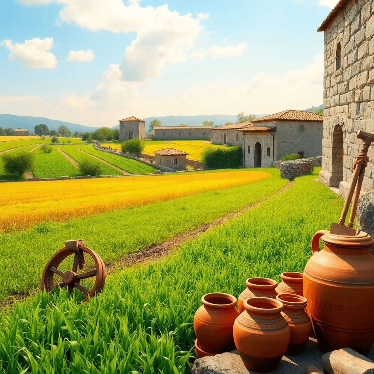 Environmental Lessons from Roman Agriculture for Sustainable Farming Today Ancient Roman farm with green fields, traditional tools, terracotta pottery under a clear sky, showcasing sustainable agriculture in a realistic st...