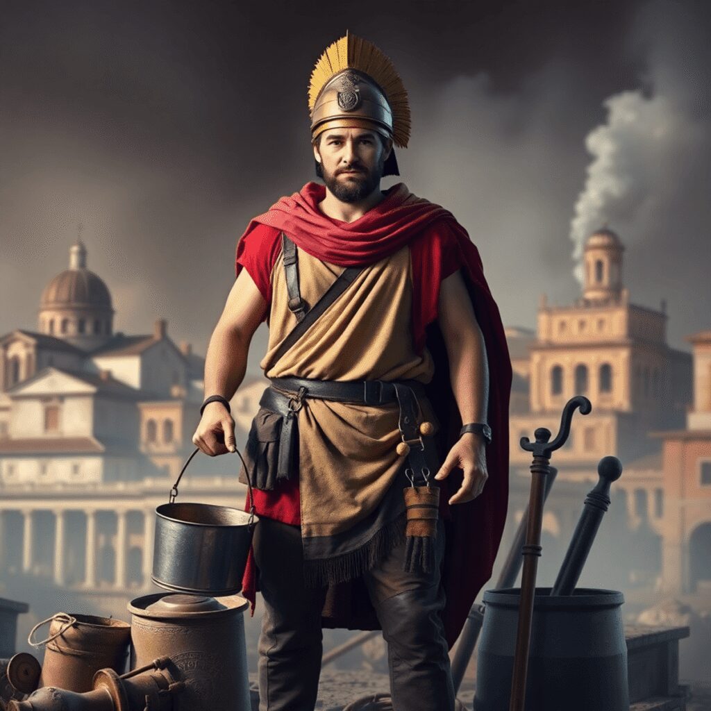 Ancient Roman Fire Brigades: Urban Safety Then and Now Ancient Roman firefighter in tunic and helmet holding a water bucket beside firefighting tools, with historic city buildings and smoke rising in th...