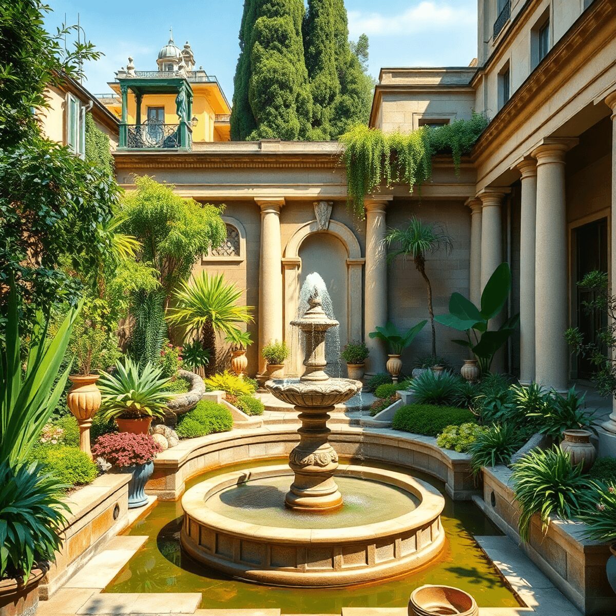 Ancient Roman garden with lush greenery, classical stone architecture, and a serene water fountain under warm sunlight, creating a peaceful urban r...