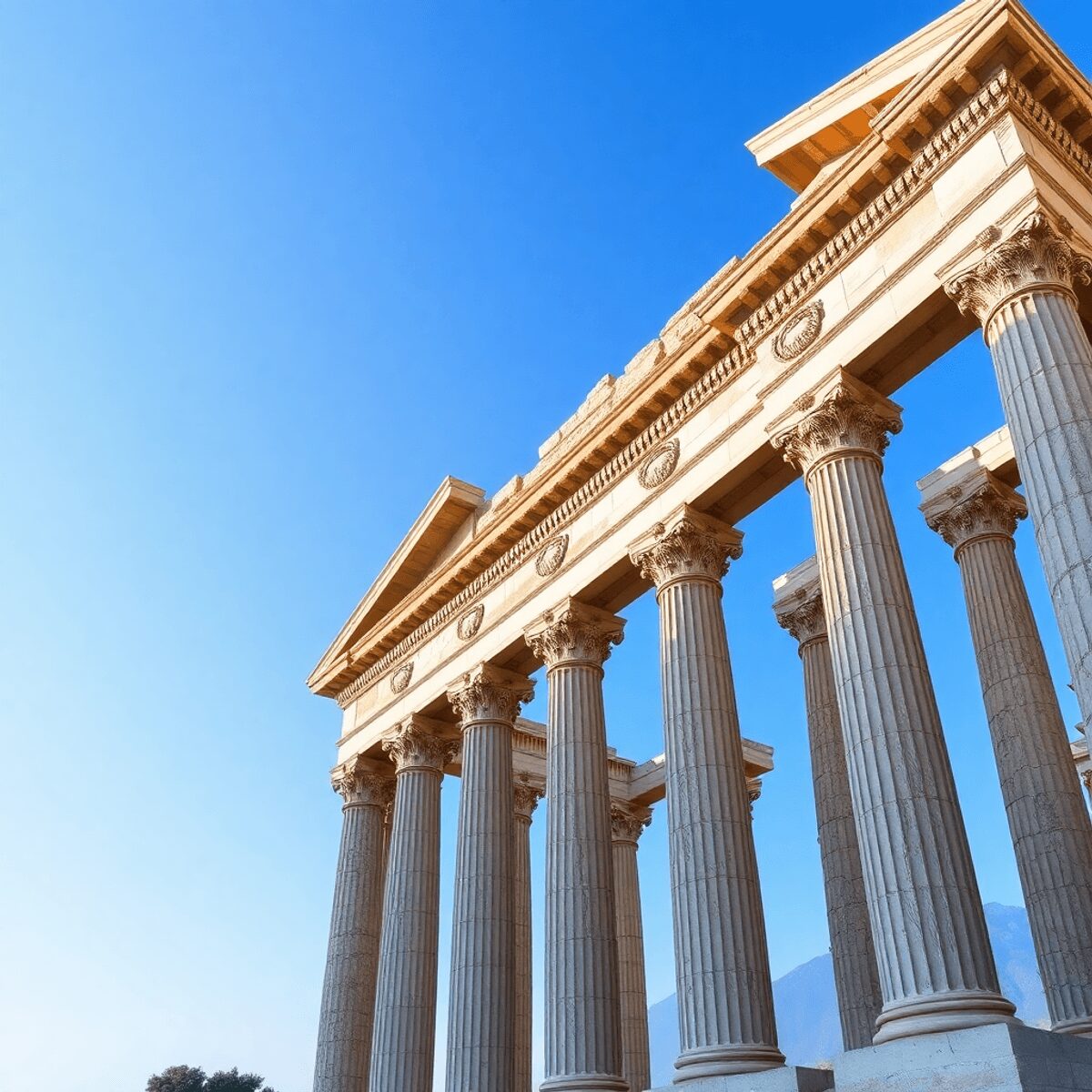 Ancient Roman temple with grand columns and detailed stone carvings under a clear blue sky.