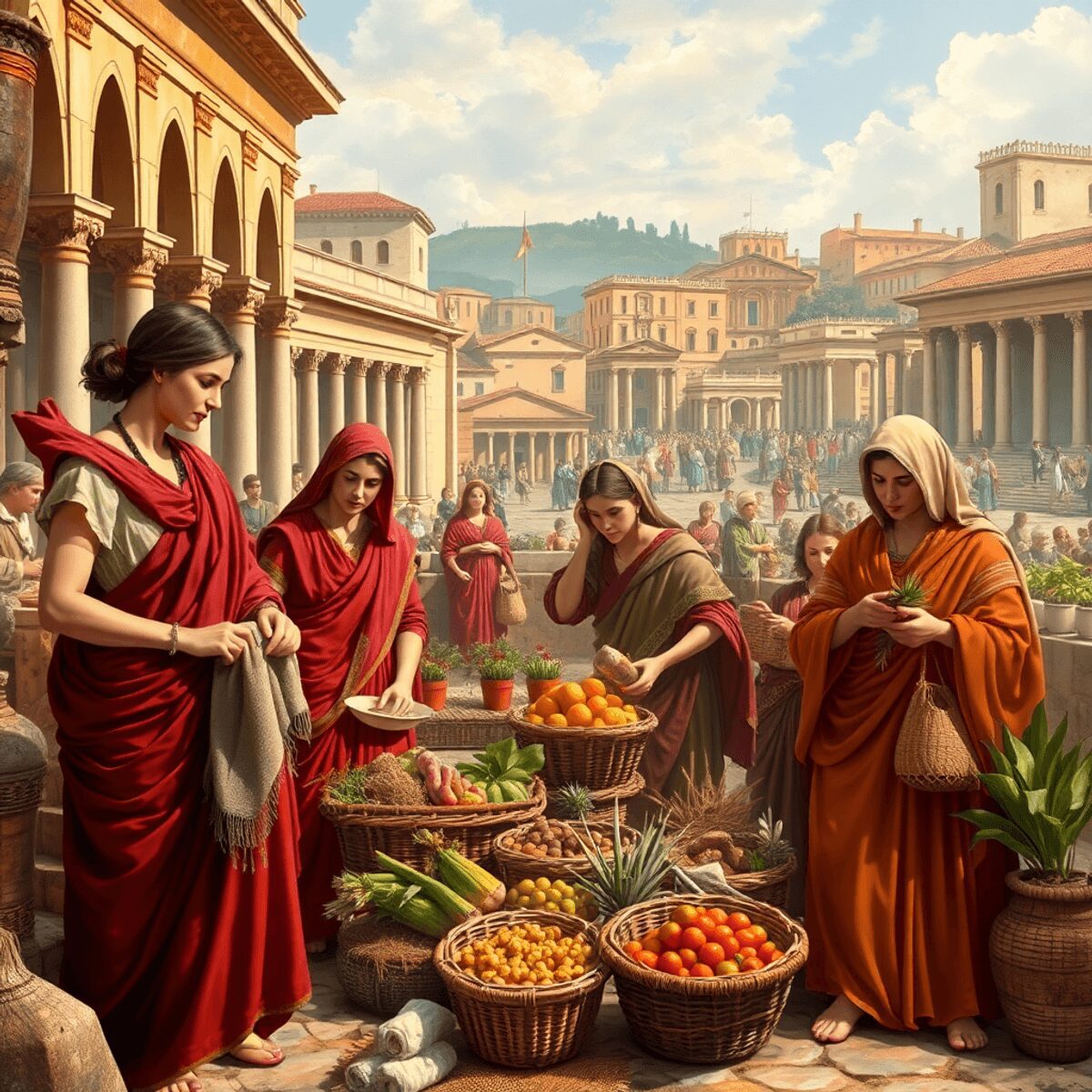 Ancient Roman women trading, crafting textiles, and managing produce in a busy market with classical city buildings in the background.