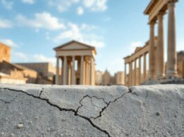 Close-up of ancient Roman concrete texture with volcanic ash and cracks, set against ruins of Roman architecture under a clear sky.