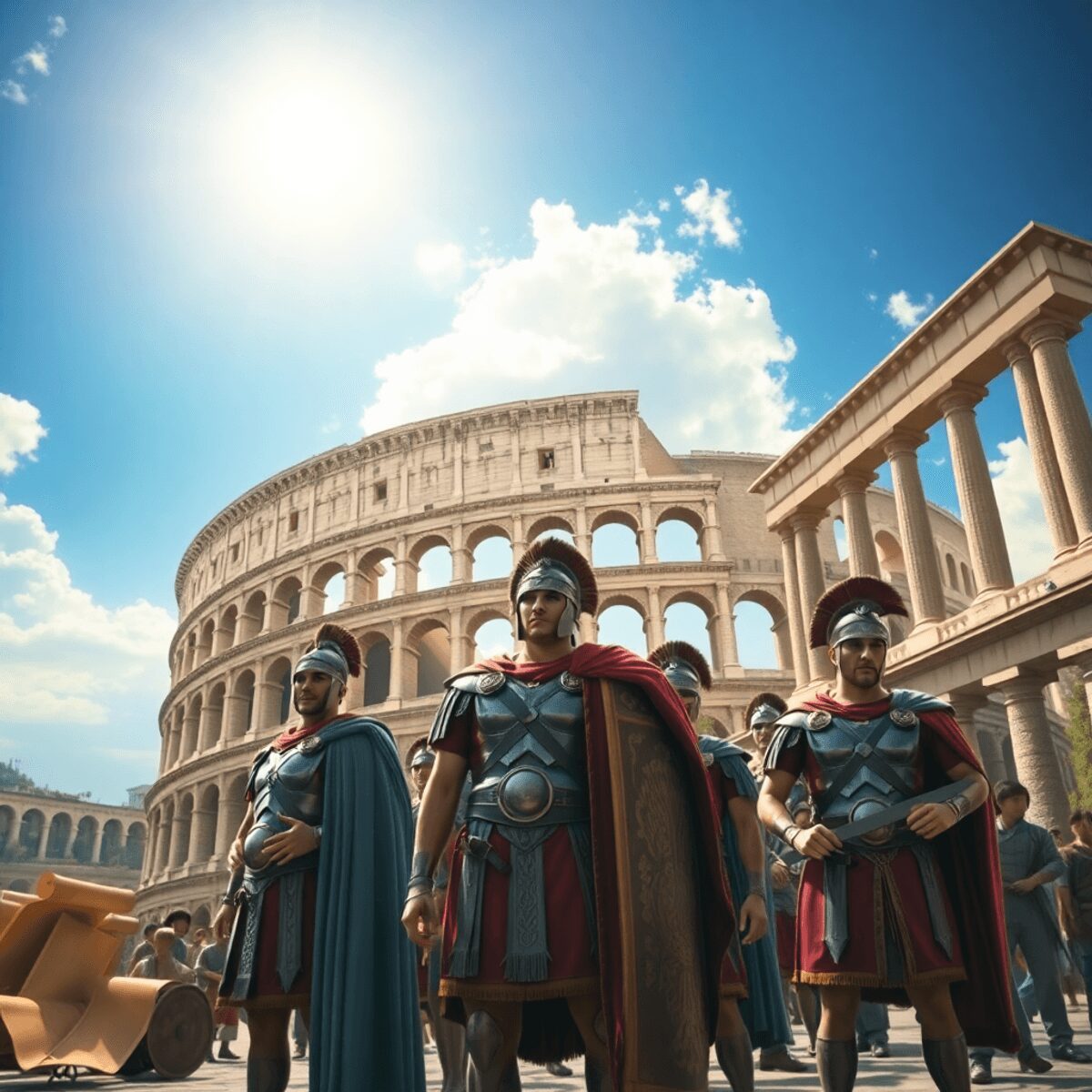 Crime and Punishment on the Streets of Imperial Rome Roman soldiers in armor stand proudly near the Colosseum and aqueducts under a bright sky, with ancient scrolls symbolizing philosophy and law.