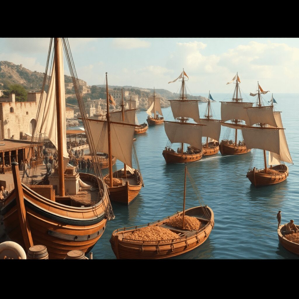 A busy ancient Roman harbor with merchant ships and cargo vessels loaded with goods, set against a Mediterranean coastal backdrop in a realistic st...