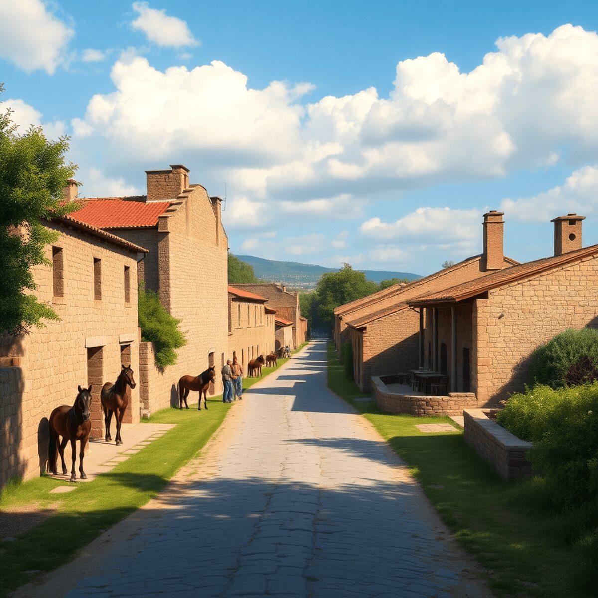 Roman Roadside Inns: Hospitality, Travel Hazards, and Daily Life on the Via Appia A rustic roadside inn with stone buildings, horses in stables, travelers dining outdoors along an ancient Roman road surrounded by greenery under a...