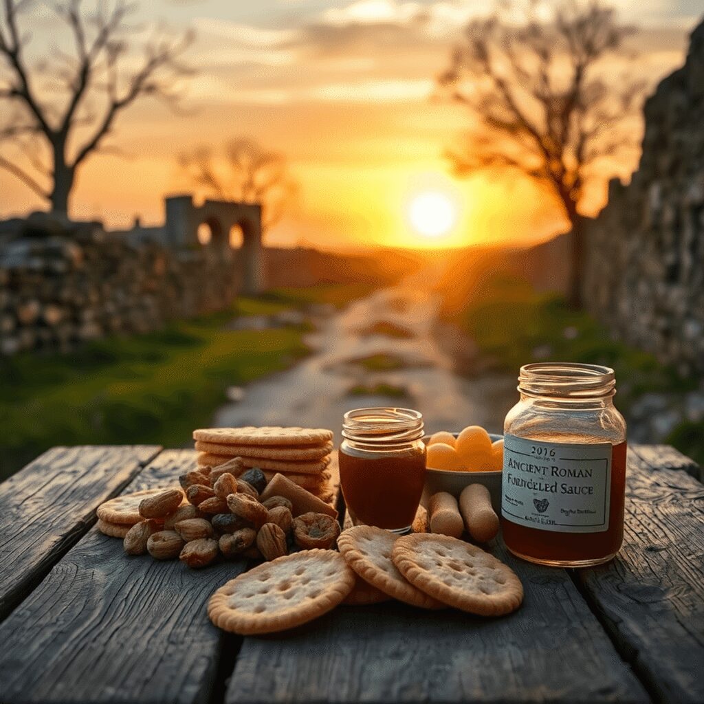 Dining on the Road: What Romans Ate While Traveling Across the Empire A rustic wooden table with ancient Roman food staples like hardtack biscuits, dried fruits, and fish sauce jar, set before an old Roman road at sun...