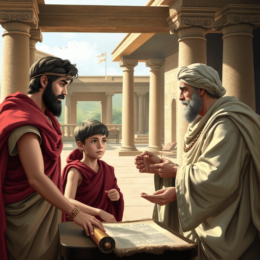 A young boy receiving education from a tutor in a classical Roman villa with scrolls and traditional Roman architecture in the background.