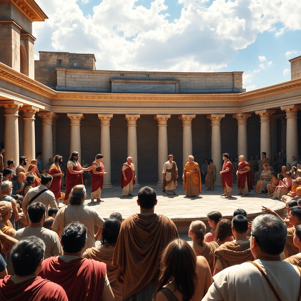 Unraveling Ancient Roman Humor: Jokes, Satire, and Social Commentary Actors in traditional Roman costumes perform a comedic play on stage in a classical amphitheater filled with an attentive audience under a bright sky.