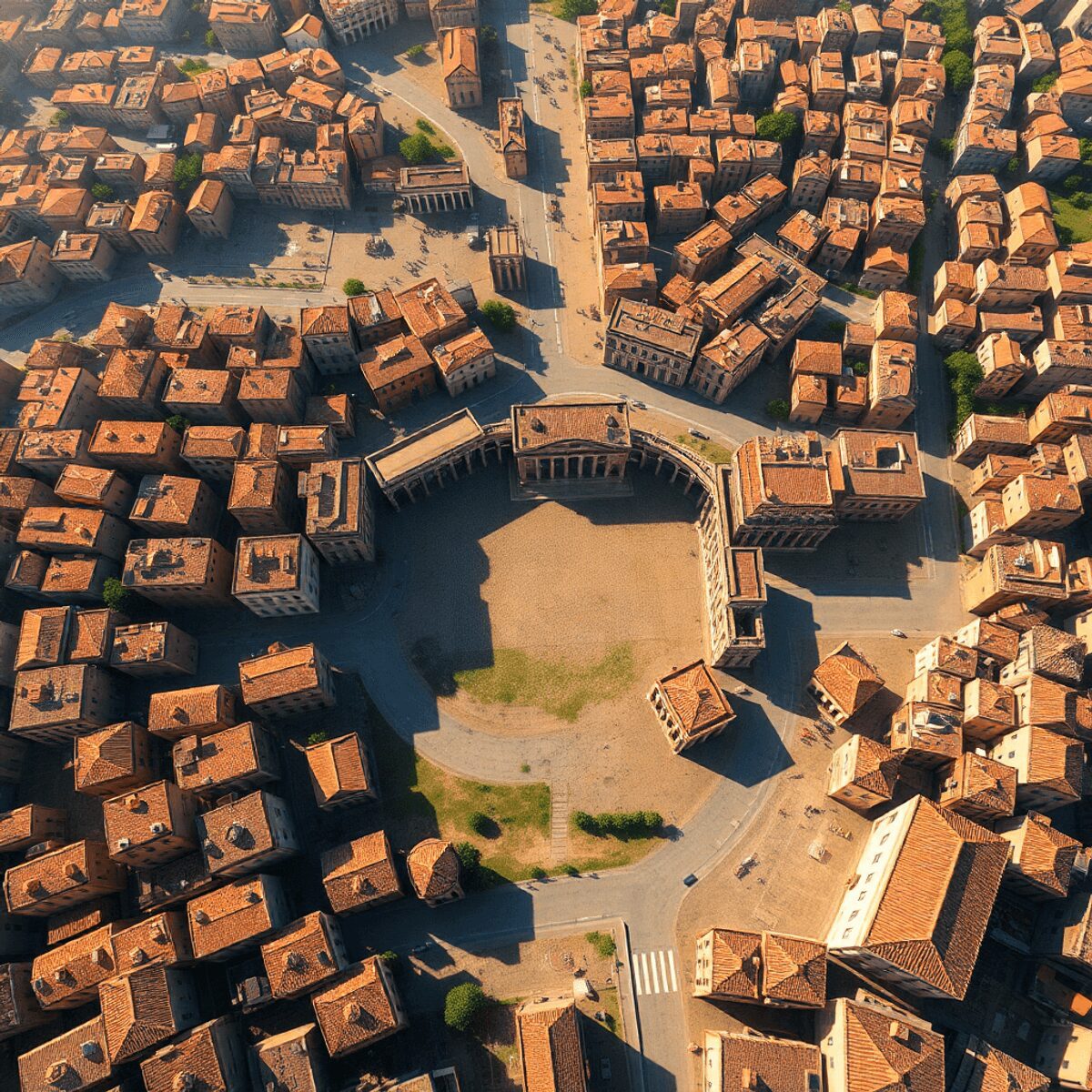 Roman Innovations in Urban Planning That Changed City Life Forever Aerial view of an ancient Roman city with a grid street pattern, intersecting right-angle roads, and a central forum square under warm sunlight.